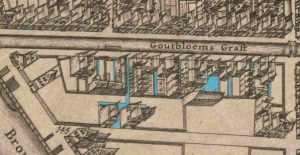 Werktekening Gangenproject 2014-2015.Detail uit kaart Balthasar Florisz, 1625. Ingekleurd zijn de gangen aan de Noordzijde van de Willemsstraat, destijds de Goudsbloemgracht